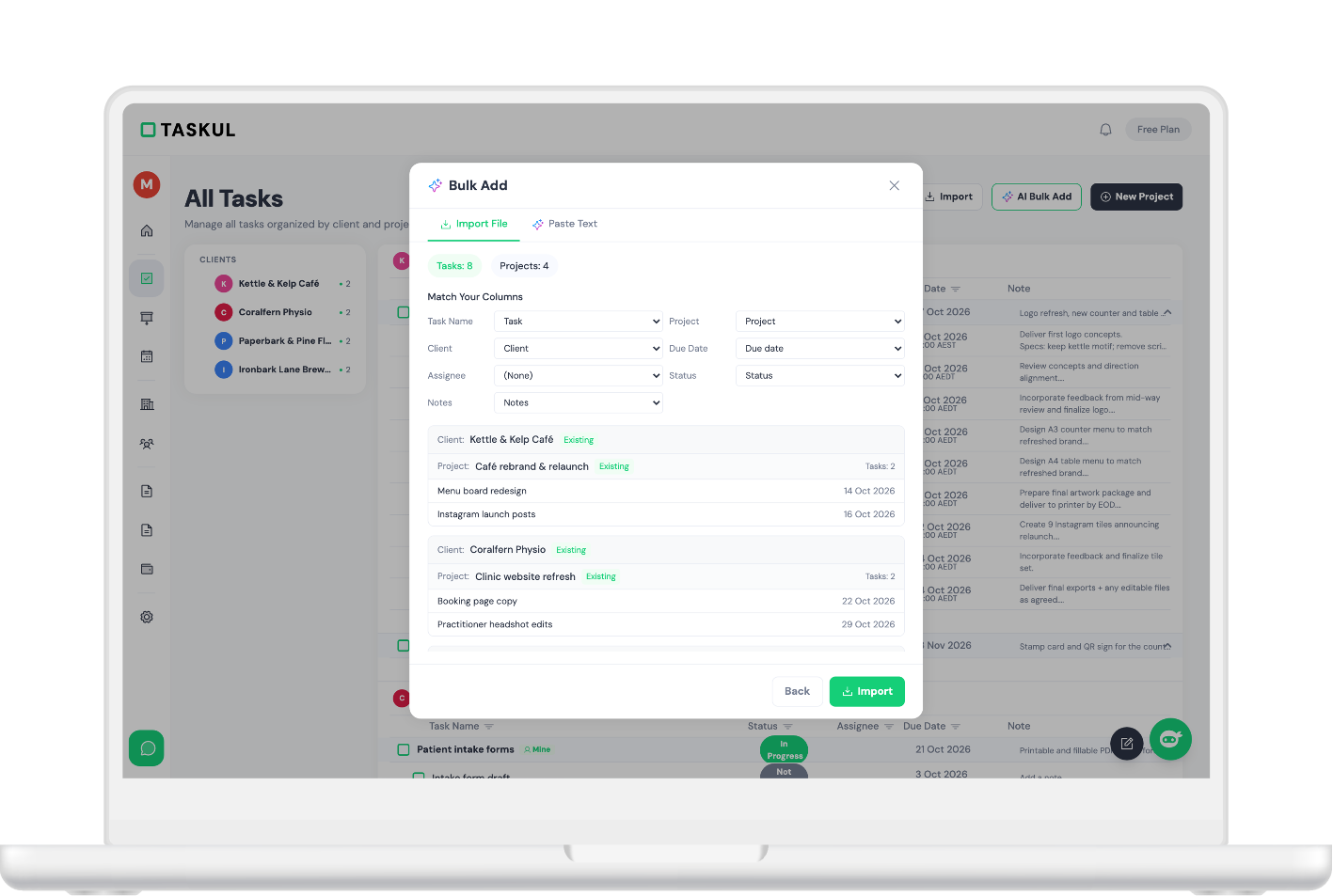 Importing a spreadsheet into TASKUL