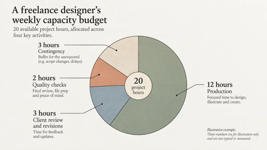 Illustrative 20-hour weekly capacity budget with production, review, quality checks and contingency.