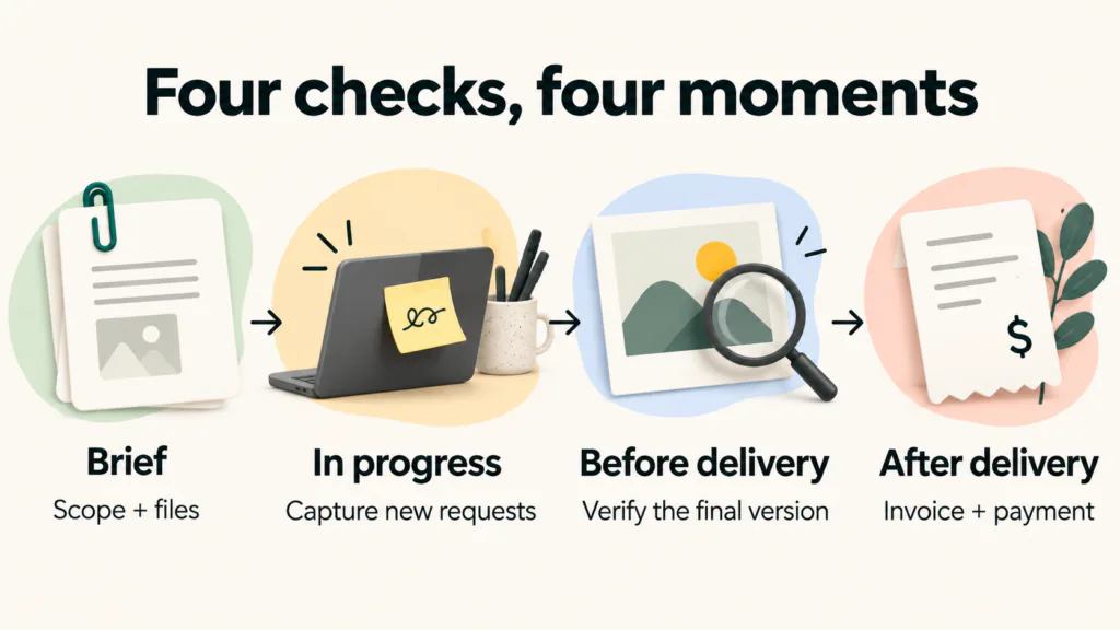 Four check moments: brief, work in progress, before delivery and after delivery.