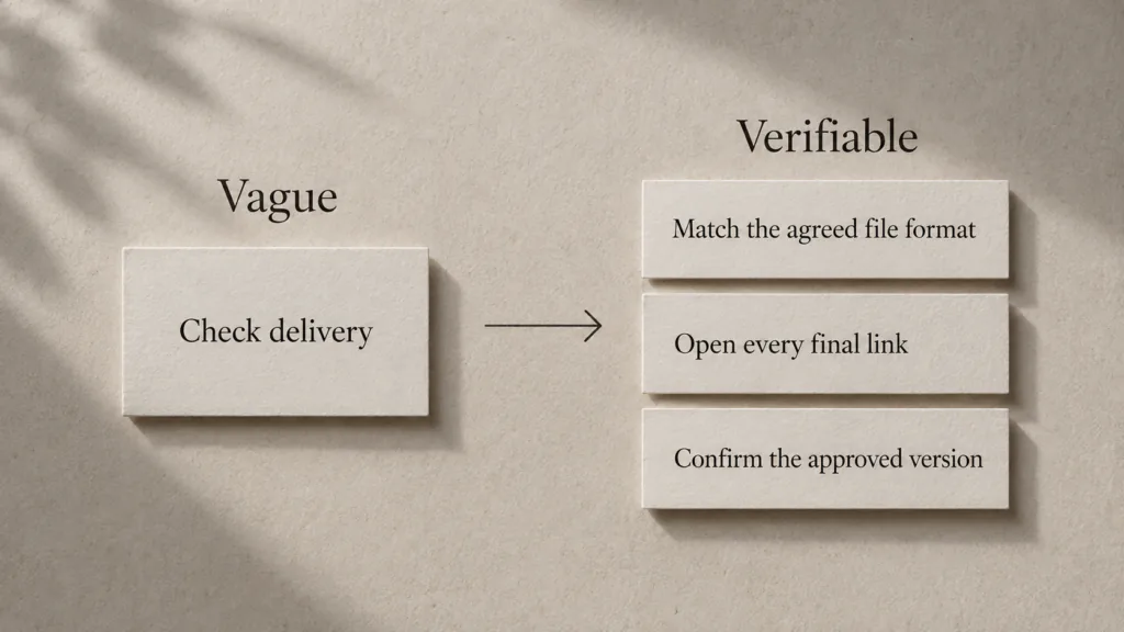 The vague task check delivery becomes specific checks for file format, links and the approved version.