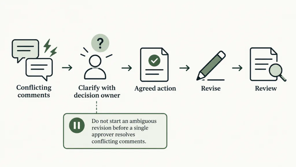 Feedback flow: conflicting comments go to a decision owner before an agreed action is revised and reviewed.