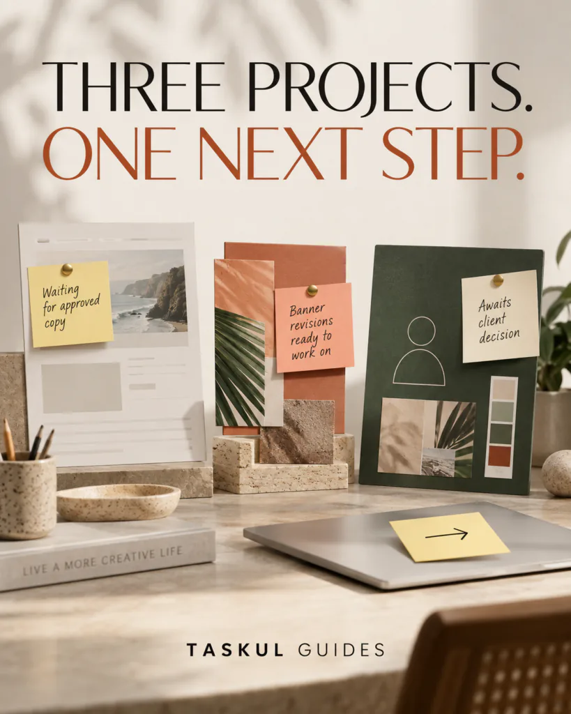 Three project states: banner work ready, website waiting for copy and brand work awaiting a decision.