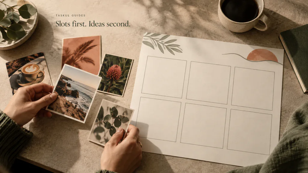 Empty content slots are placed in a calendar before ideas, photographs and captions are assigned.