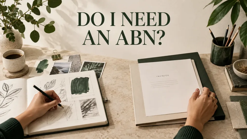 A freelance designer compares a personal sketchbook with a prepared client invoice while deciding whether an ABN is needed.