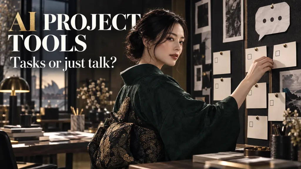 A woman in a dark green kimono with a gold-patterned obi arranges checkbox cards on a board beneath a paper speech bubble, beside the words “AI PROJECT TOOLS” and “Tasks or just talk?”