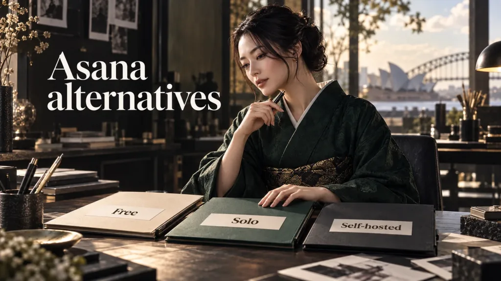 A woman in a deep green kimono with a gold-patterned obi reviews folders labelled “Free”, “Solo” and “Self-hosted” at a desk overlooking Sydney Harbour, beside the heading “Asana alternatives”.