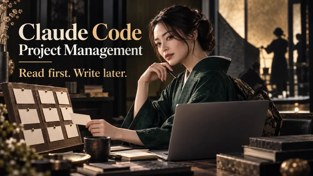 A woman in a deep green kimono with a gold-patterned obi holds a blank task card beside a laptop and a board of cards, beneath the words “Claude Code Project Management” and “Read first. Write later.”