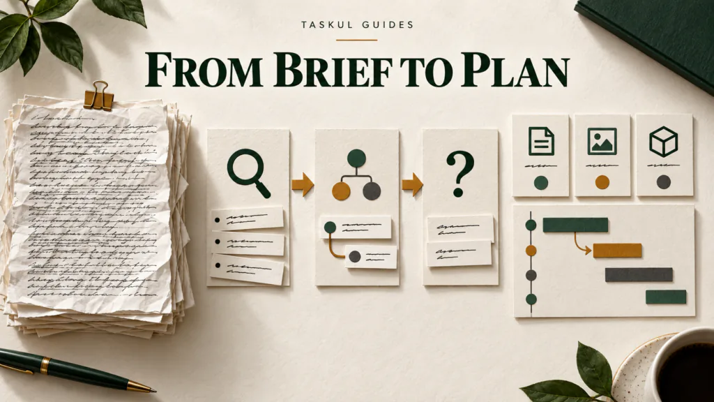 A dense client brief becomes deliverables, dependencies and a sequenced project plan.