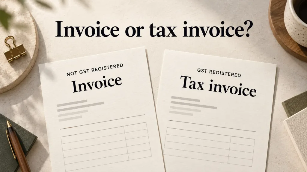 Two invoice headings compared: Invoice for a freelancer not registered for GST, and Tax invoice for a GST-registered freelancer.