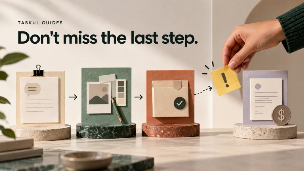 A project checklist helps a freelance designer track decisions through brief, review, delivery and payment follow-up.