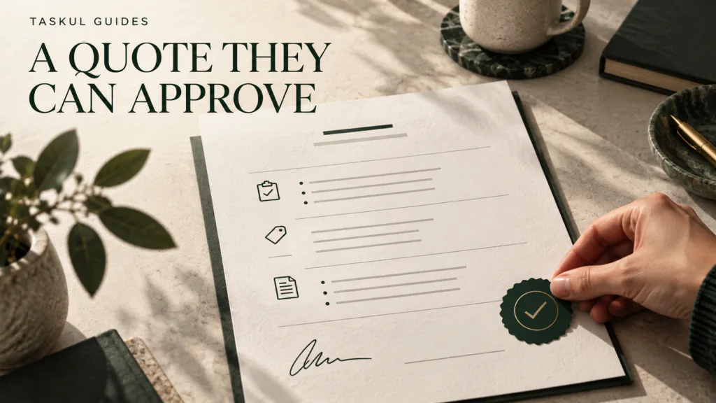 A freelance quote organised into deliverables, price and terms, ready for client approval.