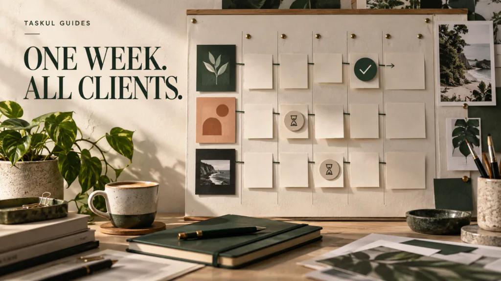 A weekly board brings several client projects and their next actions into one view.