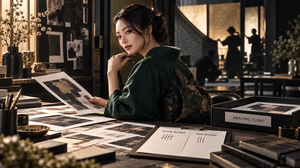 A woman in a deep green kimono with a gold obi reviews printed design proofs beside a tally sheet for quoted and used revision rounds and a tray labelled “Awaiting client”.