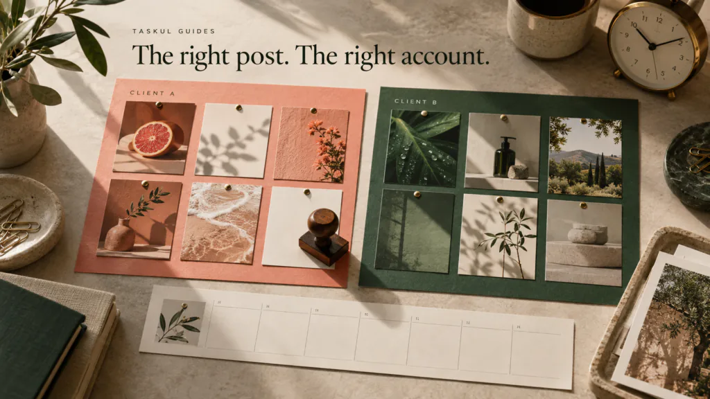 Separate creative boards for two fictional clients beside a content calendar and clock.