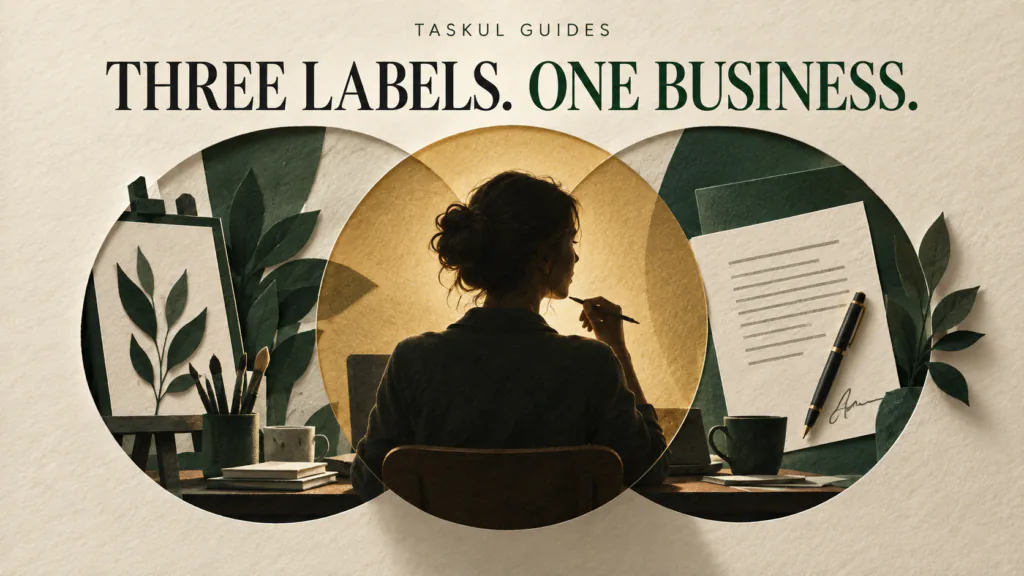 One creative worker is shown through overlapping work, business and contract perspectives.