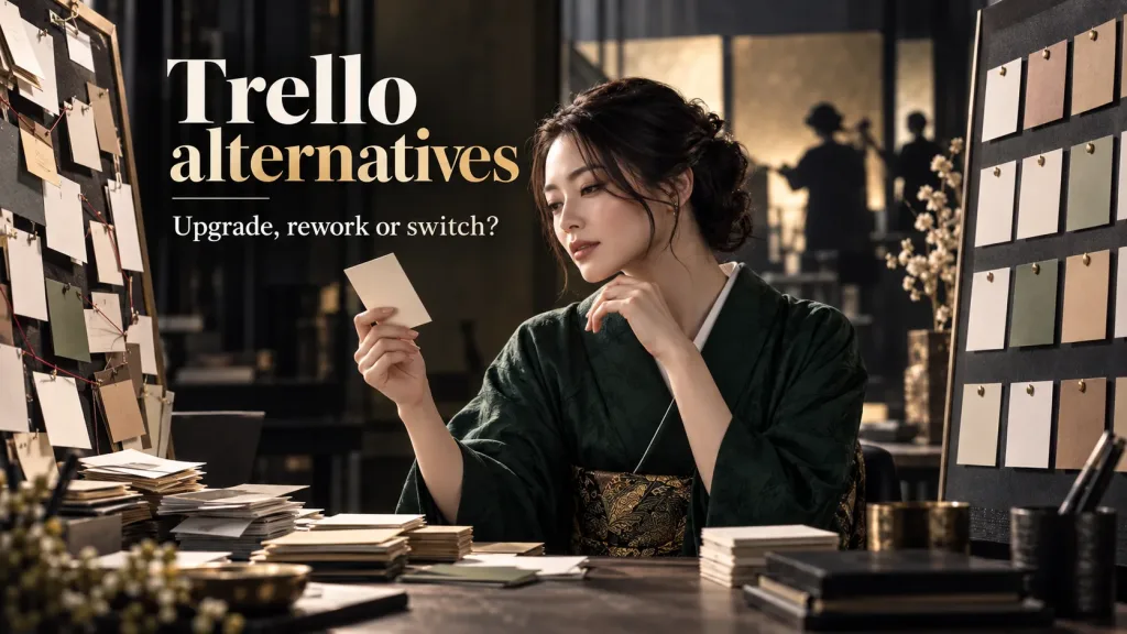 A woman in a deep green kimono and gold obi holds a card between a crowded pinboard and an orderly pinboard in a creative studio, beside the words “Trello alternatives” and “Upgrade, rework or switch?”