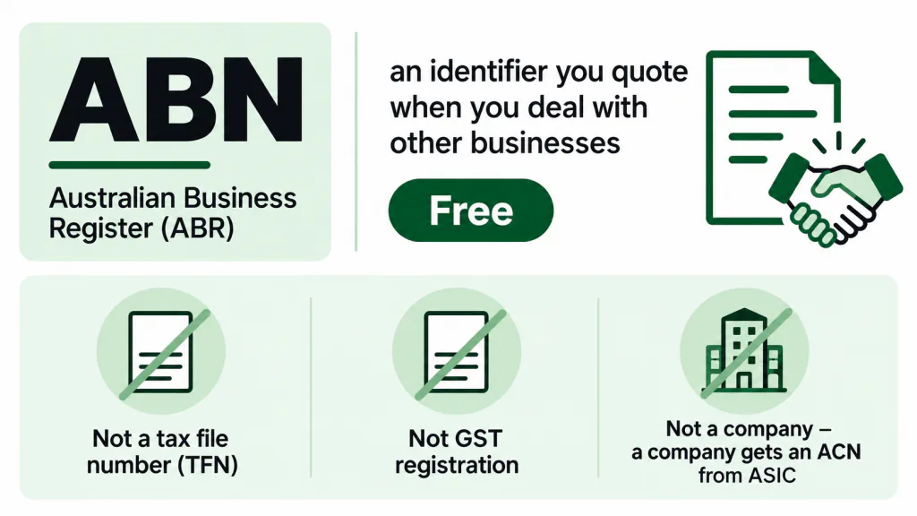 An ABN is a free business identifier issued by the Australian Business Register, distinct from a TFN, GST registration and a company.
