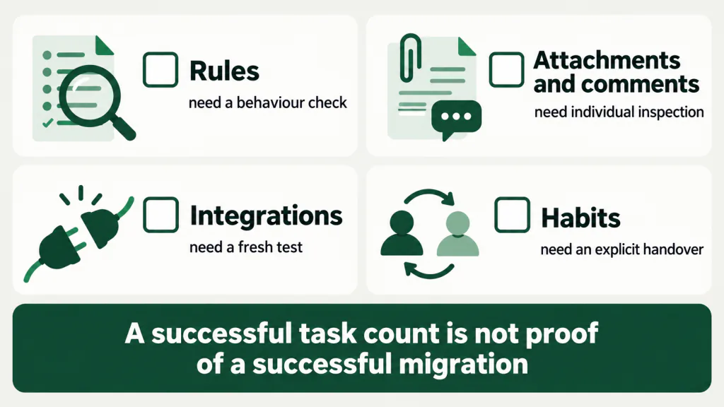 Migration checklist covering rules, attachments and comments, integrations and the handover of working habits.