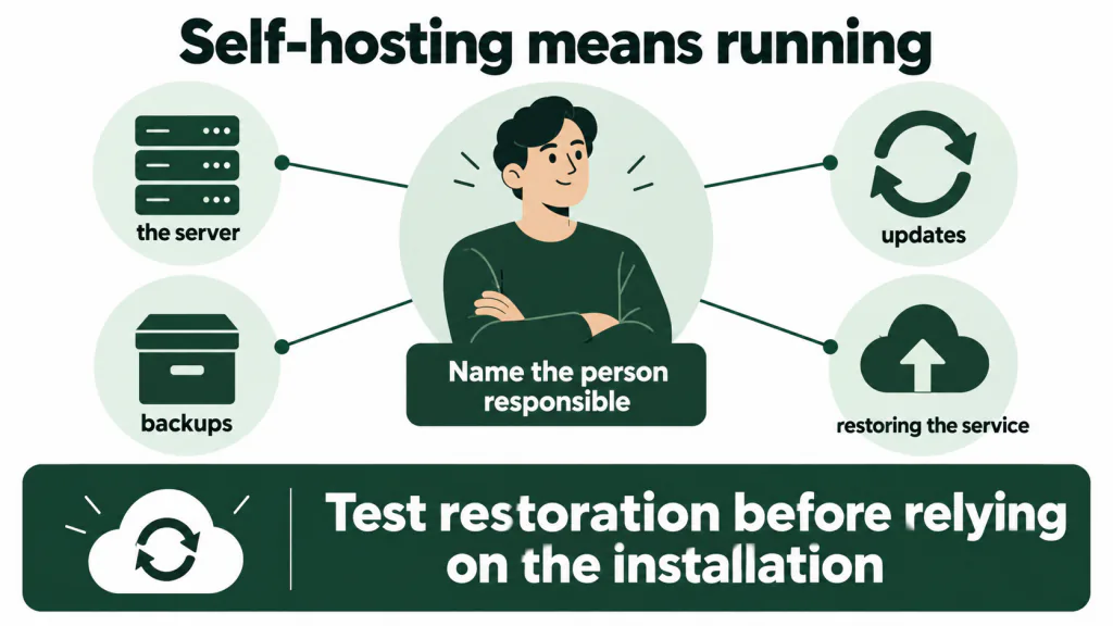An accountable person connected to server operation, updates, backups and service restoration responsibilities.