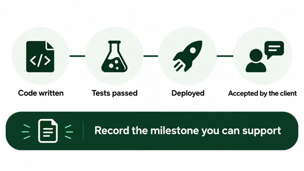 Code written, tests passed, deployed and accepted by the client are shown as four separate milestones.