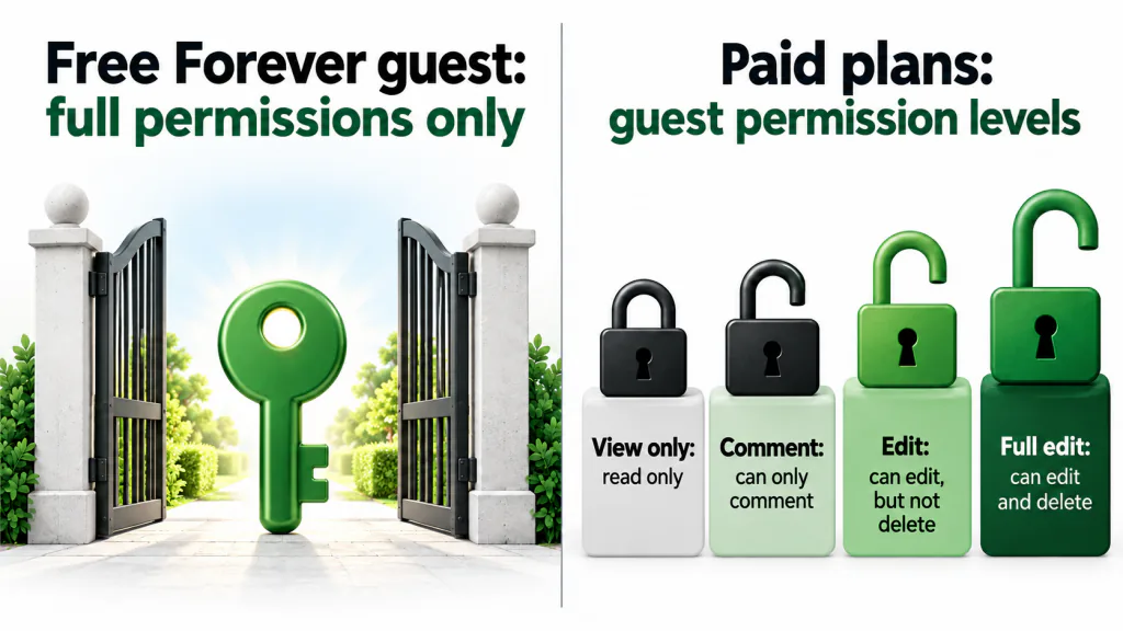 On ClickUp's Free Forever plan a guest has full permissions only; on paid plans a guest can be view only, comment, edit or full edit.