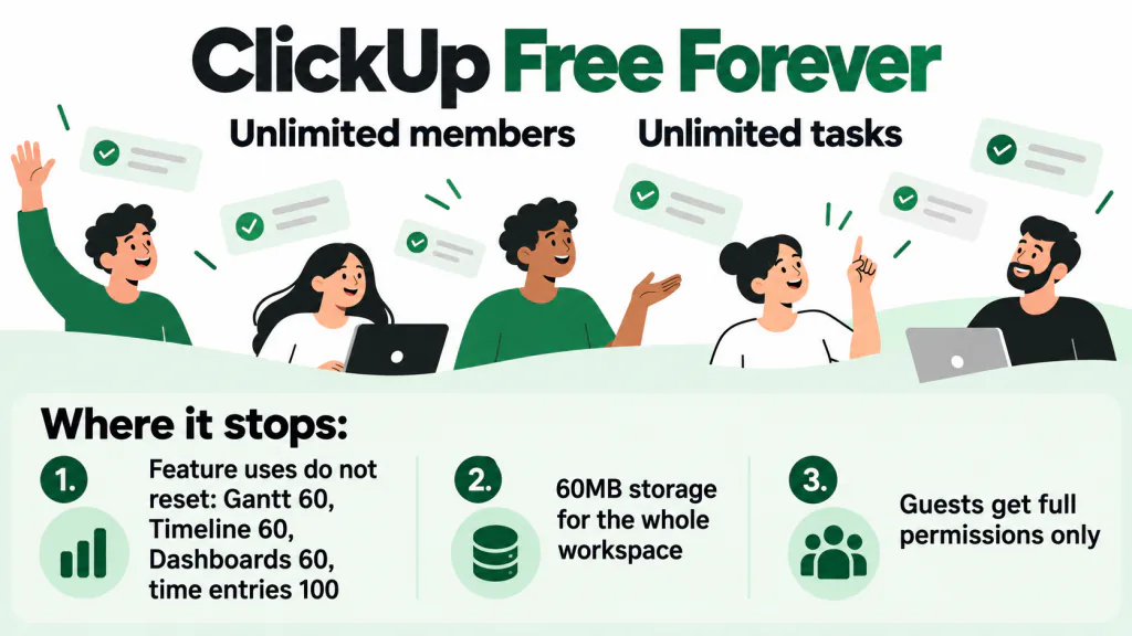 The three places ClickUp's Free Forever plan stops: feature uses that do not reset, 60MB of storage in total, and guests with full permissions only.