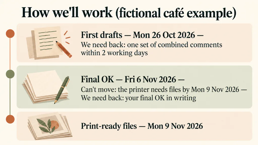 The fictional café example's stages: first drafts on Mon 26 Oct 2026, final OK on Fri 6 Nov 2026 and print-ready files on Mon 9 Nov 2026, with what the client returns at each stage.
