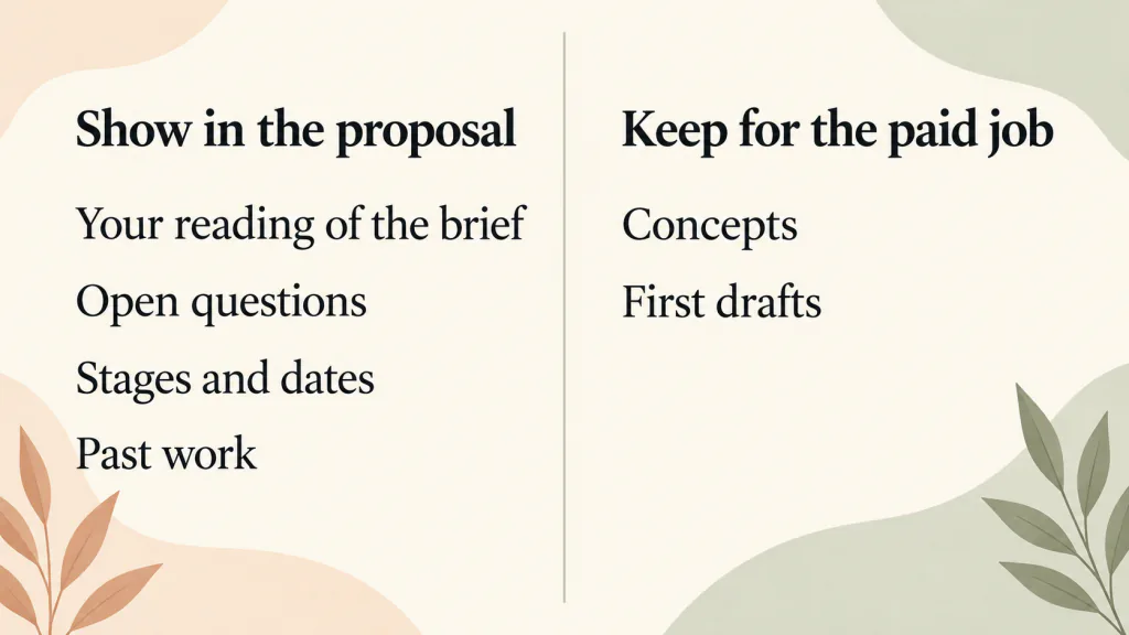 Two columns: what to show in a proposal, such as your reading of the brief, open questions, stages and past work, and what to keep for the paid job, such as concepts and first drafts.