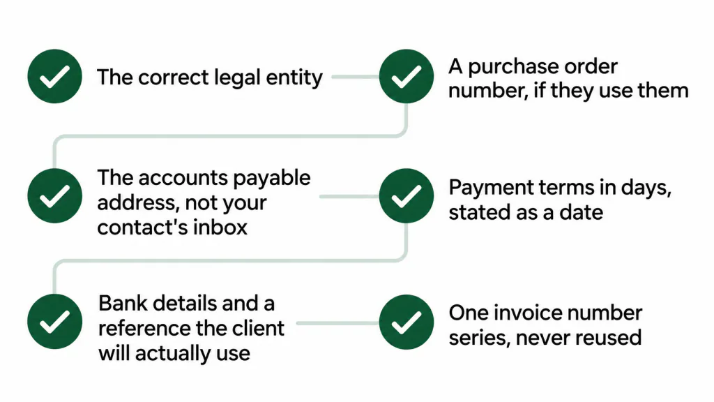 Six accounts payable checks cover the legal entity, purchase order, payment inbox, dated terms, bank details and unique invoice numbers.
