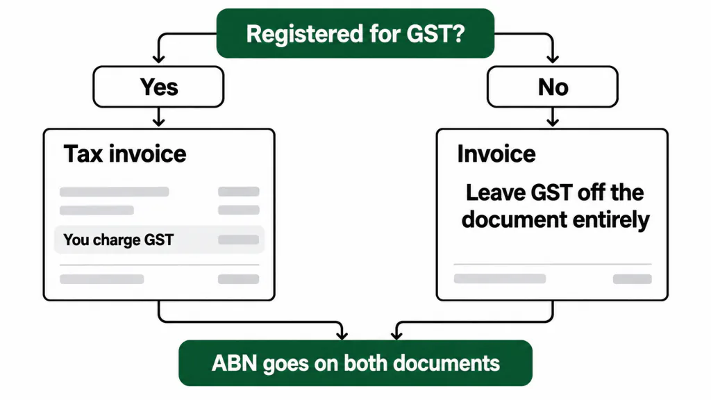GST registration determines whether to issue a Tax invoice or Invoice, with an ABN on both documents.