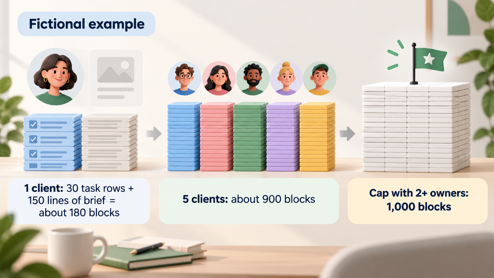 A fictional example shows one client using about 180 blocks and five clients using about 900 blocks near the 1,000-block cap.