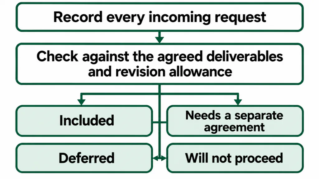 Every incoming request is recorded and checked against agreed deliverables and revision allowance before one of four outcomes is selected.