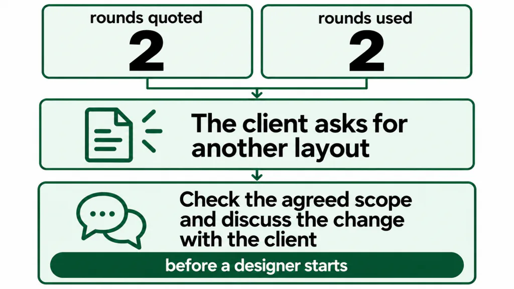 Two revision rounds quoted and two used lead to a scope discussion before a designer starts another layout.