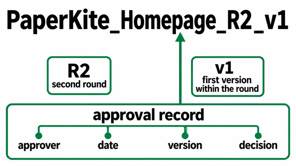 PaperKite_Homepage_R2_v1 identifies the first version within the second revision round and links to an approval record.