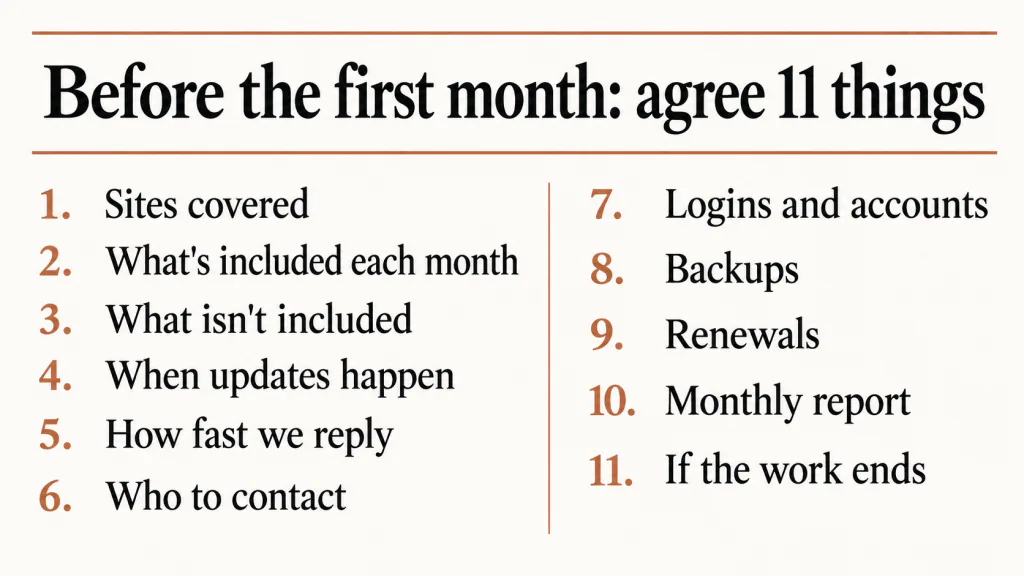 Eleven things to agree with a client before website maintenance starts, from sites covered and what is included to what happens if the work ends.