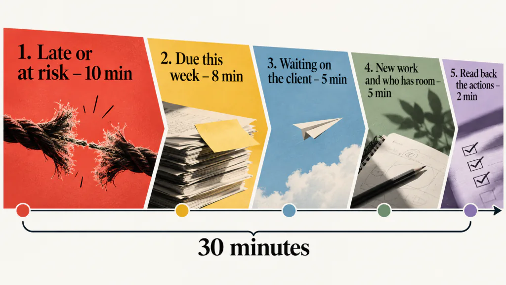 The five agenda items of a 30-minute WIP meeting in order: late or at risk 10 minutes, due this week 8, waiting on the client 5, new work and who has room 5, read back the actions 2.