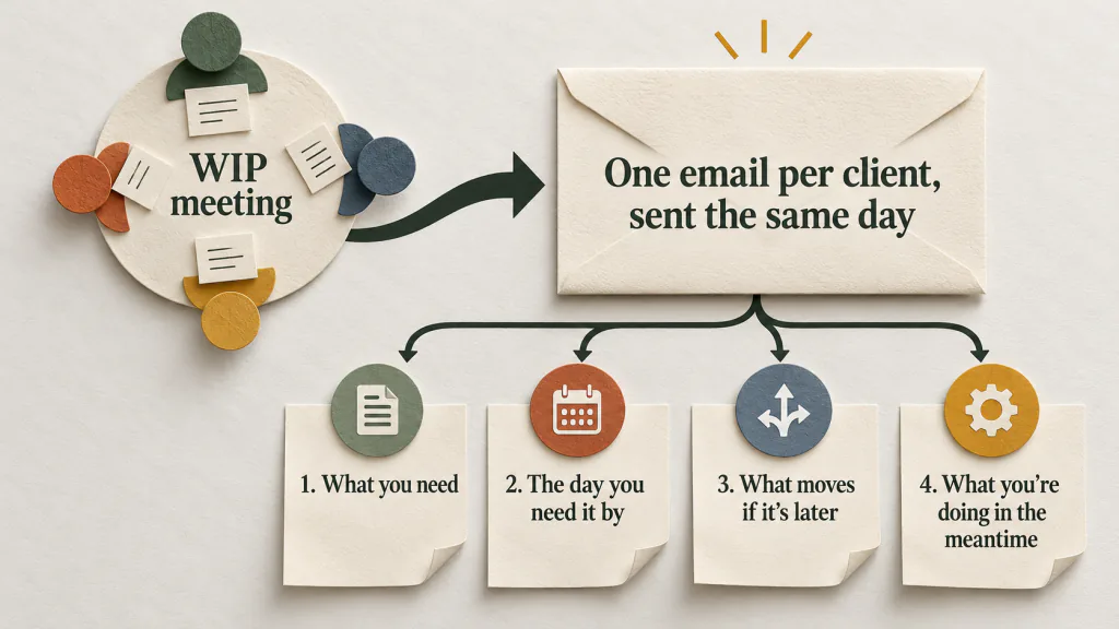 From the WIP meeting to the client: everything waiting on one client goes into one email with what is needed, by when, and what moves if it is late.
