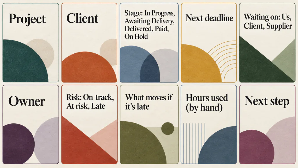 The ten columns of the WIP tracker, from project and client to next step, with stage, waiting on and risk marked as pick lists.