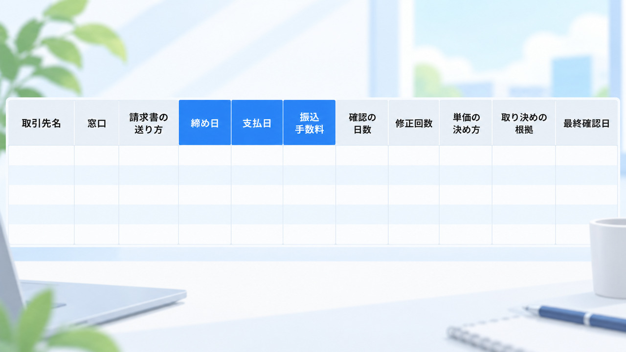 顧客管理表の11の列（取引先名・窓口・請求書の送り方・締め日・支払日・振込手数料・確認の日数・修正回数・単価の決め方・取り決めの根拠・最終確認日）を見出しに並べた表のイメージ