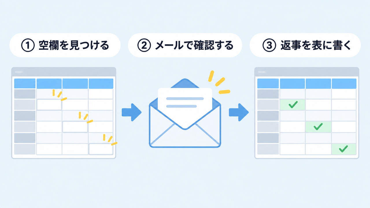 顧客管理表の空欄を見つけ、メールで取引先に確認し、返事を表に書き込む3つの手順を示す図