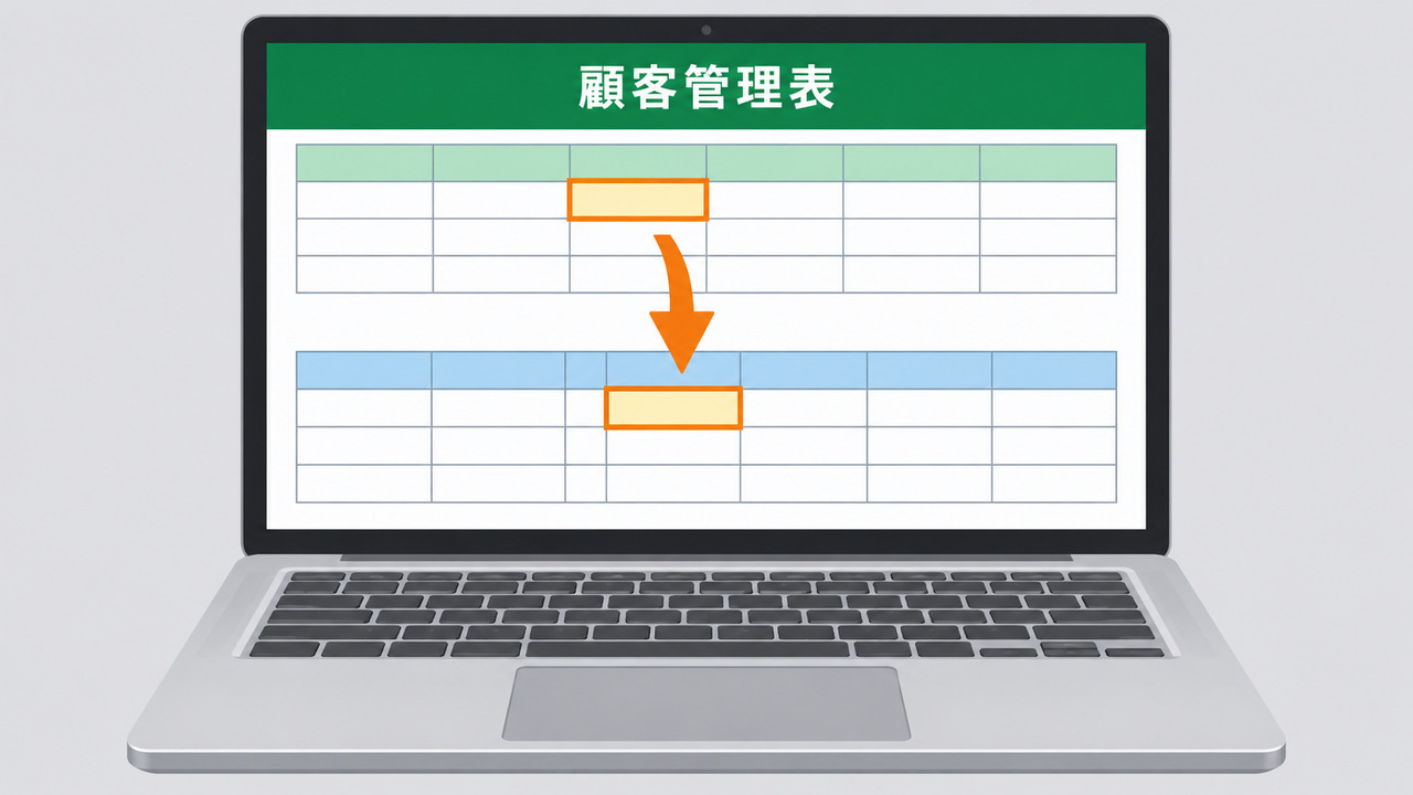 ノートパソコンの表計算ソフトで顧客管理表のテンプレートの行をコピーして自分の表に貼り付ける様子