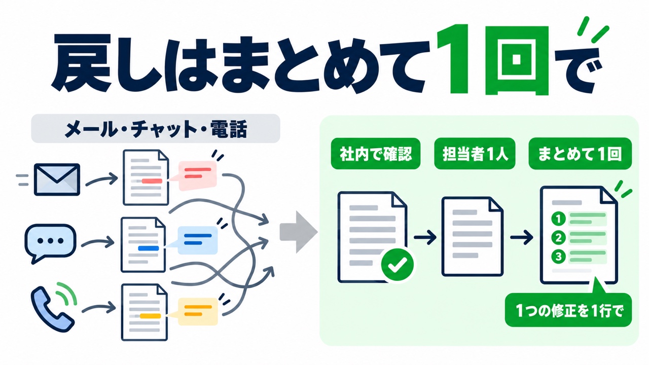 修正の戻しをまとめて1回で受け取る流れの図。「戻しはまとめて1回で」と題し、メール・チャット・電話に分かれた戻しを、「社内で確認」「担当者1人」「まとめて1回」の順に通して、番号つきで「1つの修正を1行で」の一覧にする