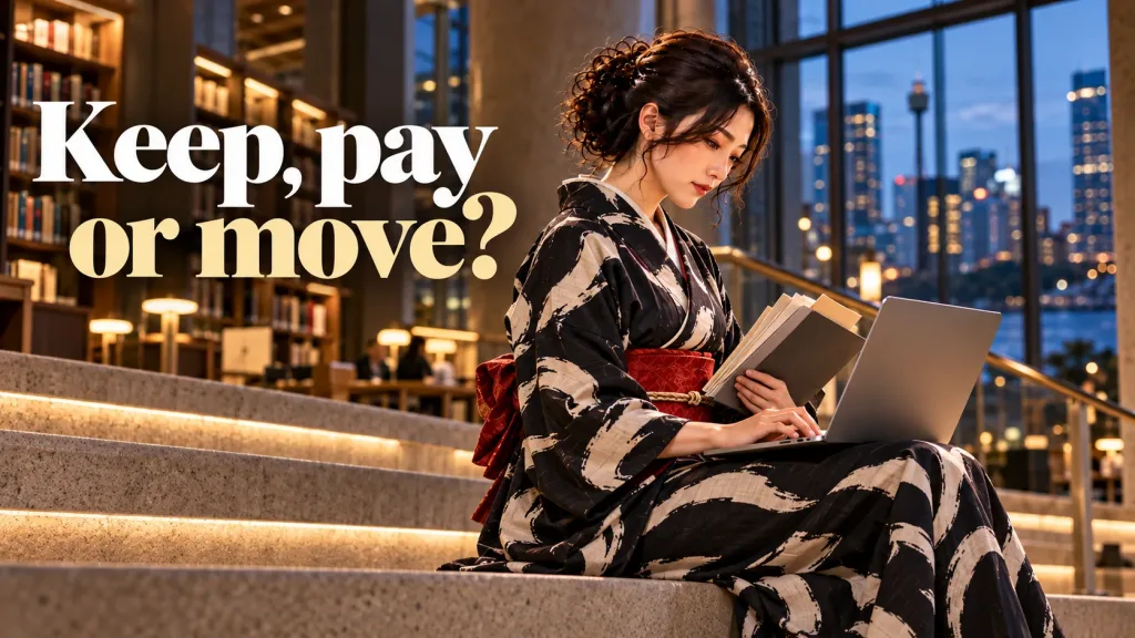The TASKUL ambassador in a black kimono with ivory brushstroke motifs and a vermilion obi sits on the steps of an Australian public library at dusk, using a laptop on her lap while comparing client project folders.