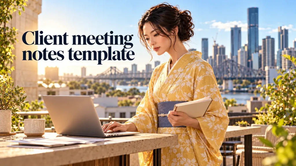 An adult Japanese woman in a saffron floral summer kimono and slate-blue obi stands at a sunlit Brisbane rooftop worktable, typing client meeting notes on a laptop while holding her meeting notebook.