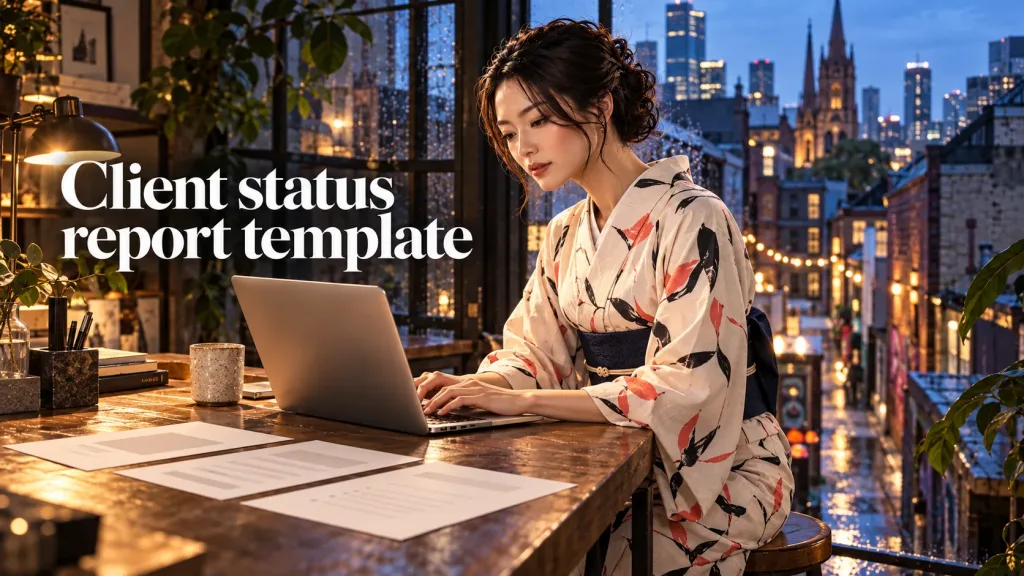 An adult Japanese woman in an ivory kimono with black and coral abstract print and a navy obi sits sideways on a high stool in a Melbourne laneway studio at dusk, typing a weekly client status update on her laptop beside three blank template sheets.