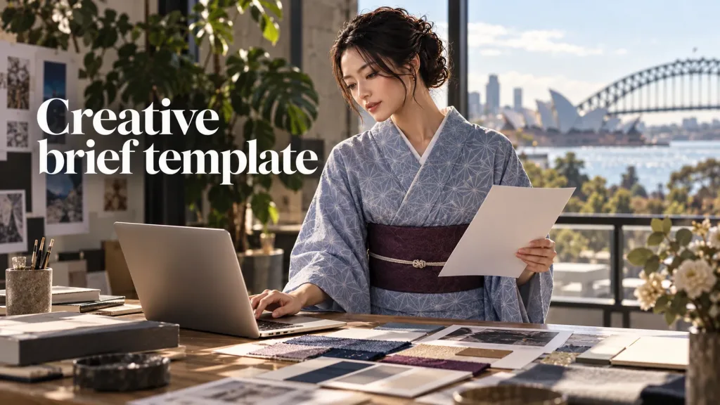 An adult woman in a pale indigo patterned summer kimono and plum obi stands at a Sydney studio window, typing on a laptop while reviewing a blank client brief.
