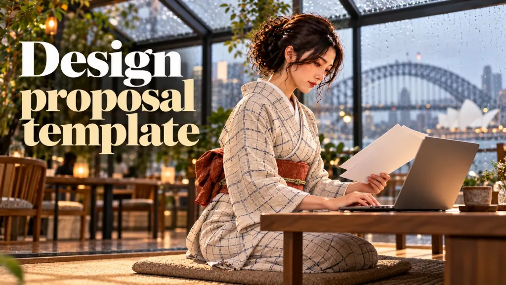 The TASKUL ambassador in a cream indigo-checked kimono and muted terracotta obi kneels at a low table in a rain-lit Sydney café conservatory, typing a design proposal on her laptop while reviewing blank brief pages.