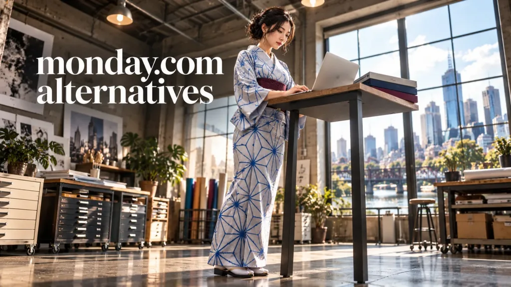 The TASKUL ambassador stands in a silver-grey kimono with cobalt motifs and a burgundy obi at a Melbourne print workshop, typing on a laptop while comparing project folders.