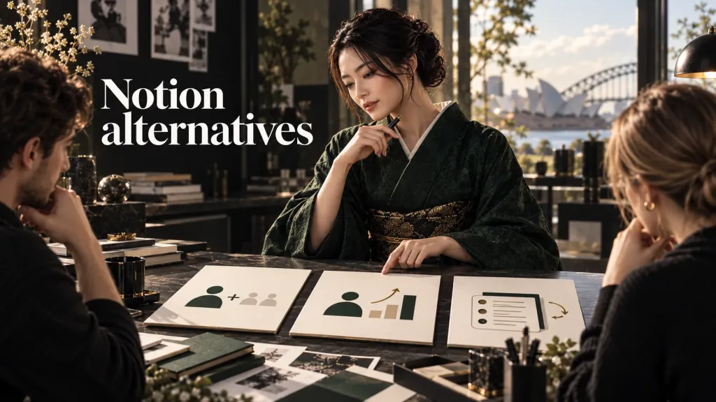A woman in a deep green kimono helps an Australian creative team compare three paths for managing client work, beside the heading Notion alternatives.