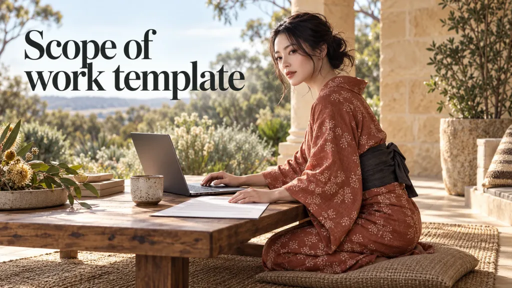 An adult Japanese woman in a terracotta patterned summer kimono and charcoal obi kneels at a low table on an Australian garden verandah, typing on a laptop beside a one-page client scope agreement.